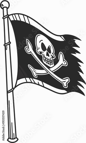 Classic Pirate Flag Waving on Pole with Skull and Crossbones Design.