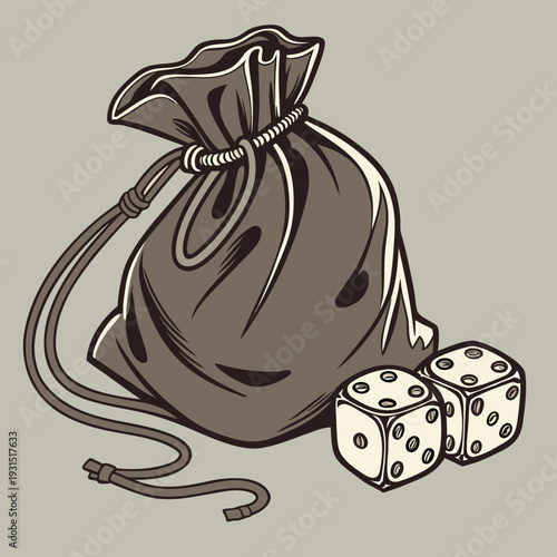 Dice and a drawstring bag for games of chance.