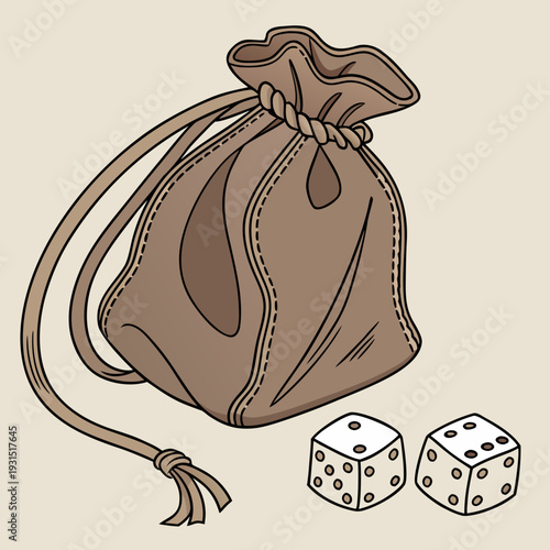 Dice bag and two dice for board games or role playing games.