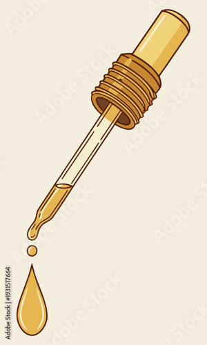 Dropper releasing a single golden liquid drop.