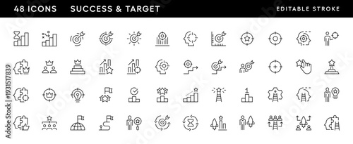 Icons. Success and target icon set. Core values, productivity, vision, success, innovation, consistency, achievement, target, focus and more. Editable stroke. Pixel Perfect. Grid base 32 x 32.