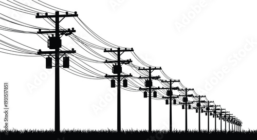 Electric power line poles silhouette, high voltage transmission lines with transformers stretching into distance over grass, energy distribution infrastructure isolated on white background
