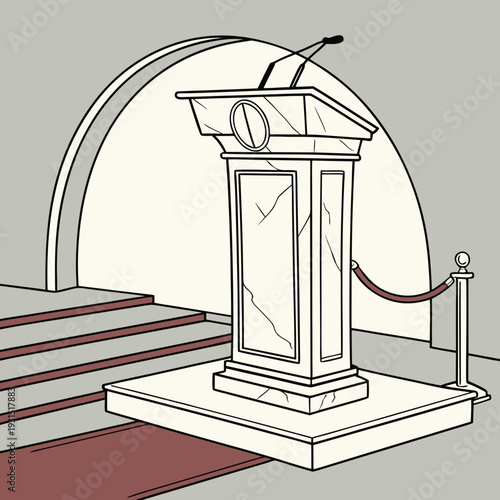 Empty podium with microphone on stage ready for a speaker.
