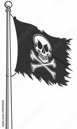 Jolly Roger Pirate Flag Waving on a Flagpole.