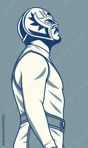 Luchador in profile a masked wrestler looking up with determination.