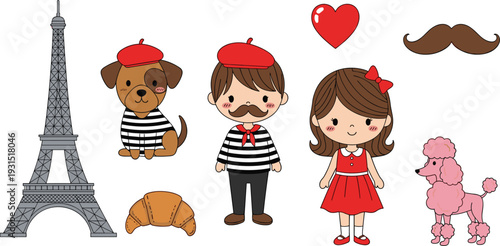 Cute French-Themed Cartoon with Eiffel Tower, Poodle, Croissant, and Parisian Characters in Stripes and Berets
