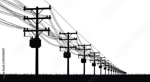 Electric utility poles with power lines silhouette, high voltage distribution network stretching into perspective over grass isolated on white background, energy infrastructure concept