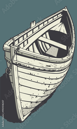 Old wooden rowboat resting on a calm body of water.