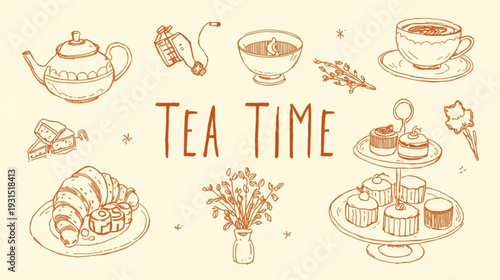 A charming hand drawn illustration depicting a delightful assortment of tea related items