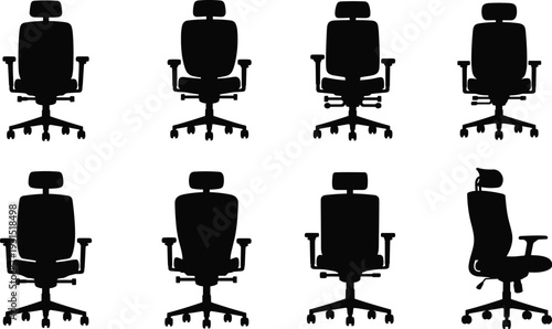 Ergonomic office chair silhouettes collection, adjustable swivel desk chairs in multiple views isolated on white background, modern workplace seating furniture set