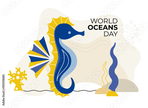 World Oceans Day Seahorse Vector Illustration