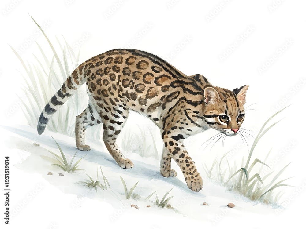 Obraz premium Elegant Ocelot Walking in Grass Wildlife Painting Nature Art clipart
