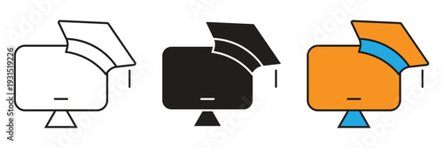 Computer with Graduation Cap Icon. Versatile education icons showing a computer monitor and mortarboard, perfect for e-learning platforms, online graduation, digital classrooms, and academic webinars.