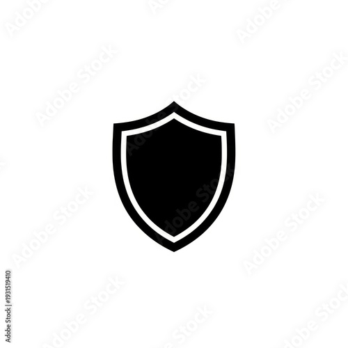 A black shield icon with a white outline against a plain white backdrop. A protective symbol