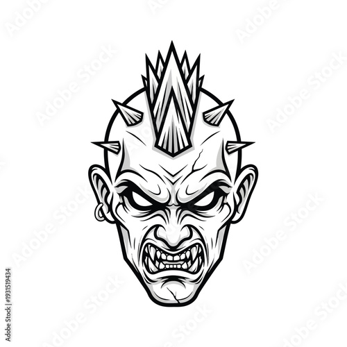 Intense Punk Face Vector Illustration. Black and White Design with Spikes, Mohawk, Angry Expression, and Bared Teeth.