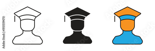 Student Or Graduate User Icon. Profile avatar icons of a person wearing a graduation cap, suitable for student accounts, educational portals, alumni networks, and certification users.