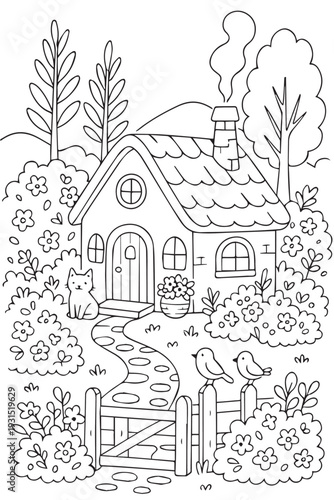 Cute outline vector of a small house with a wide yard, simple and charming, perfect for a fun coloring page.