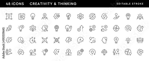 Creativity and thinking outline icon collection. Idea, creativity, inspiration, thinking, brainstorming, innovation, achievement, progress and more. Editable stroke. Pixel Perfect. Grid base 32 x 32.