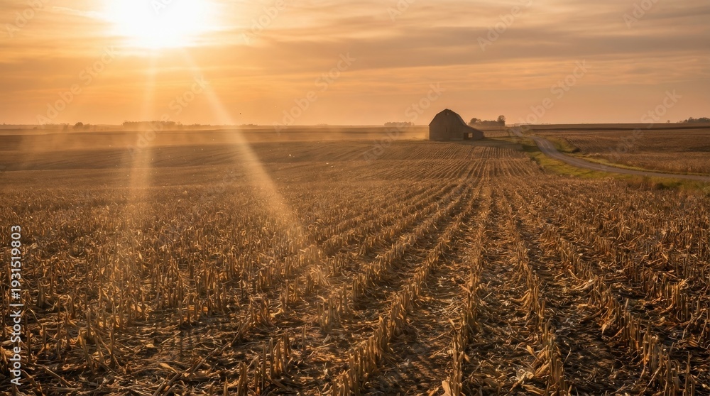 Fototapeta premium Golden Sunset Over Harvested Cornfield with Barn Silhouette