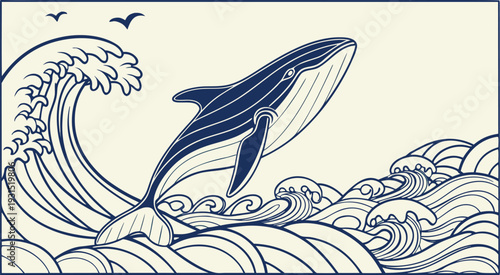Whale leaps from stylized ocean waves in this monochromatic vector illustration featuring a traditional linocut design style with seagulls flying high overhead.
