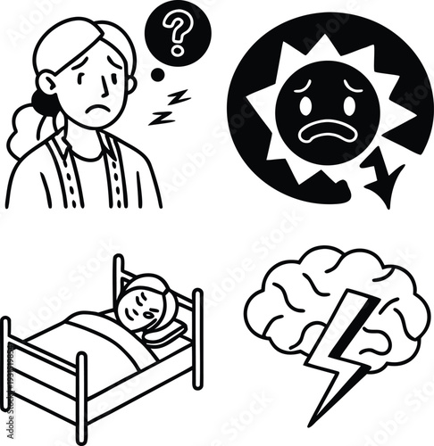 Mental health and sleep disorder icon set illustrating anxiety, insomnia, depression, and brain stress in a black and white minimalist line art vector style.