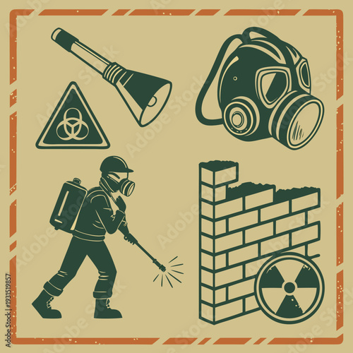 Vintage industrial hazard icons illustration featuring a gas mask, flashlight, biohazard sign, and worker in protective gear for safety and decontamination concepts.