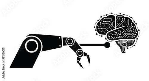 Vector illustration of robotic arm reaching brain