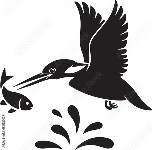 Kingfisher Bird Catching Fish Silhouette Vector Graphic Design