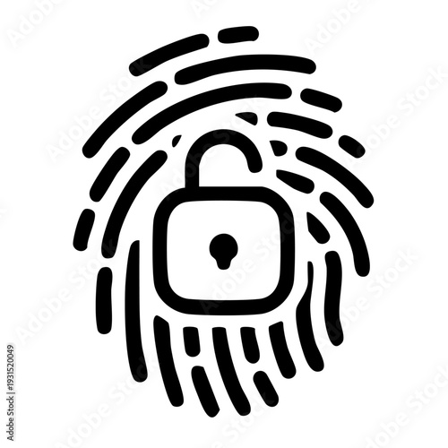 A stylized illustration of a lock with a fingerprint on a white background, representing secure bio metric identification and authentication.