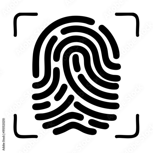 A black fingerprint icon on a white background with a square border, symbolizing security, identification, and bio metric authentication. The icon represents a secure and safe way to verify
