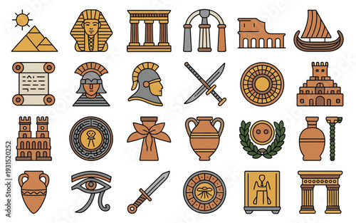 Ancient civilization and history icon set with pyramids helmet sword temple and archaeological artifacts