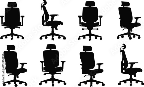 Office chair silhouettes set, ergonomic swivel desk chairs in multiple angles isolated on white background, modern workplace furniture collection for corporate interior and home office design