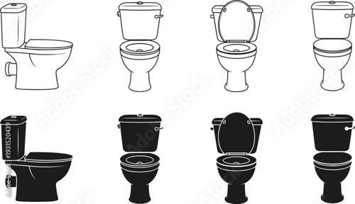 Toilet bowl silhouette collection vector illustration, modern bathroom sanitary ware with tank and seat isolated on background