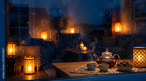 A cozy indoor scene with a teapot, cups, dates, and glowing lanterns, through a rainy window.