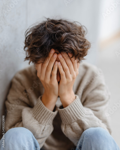 A young man is sitting on the ground with his hands covering his face. He is wearing a sweater and jeans. Concept of sadness and despair