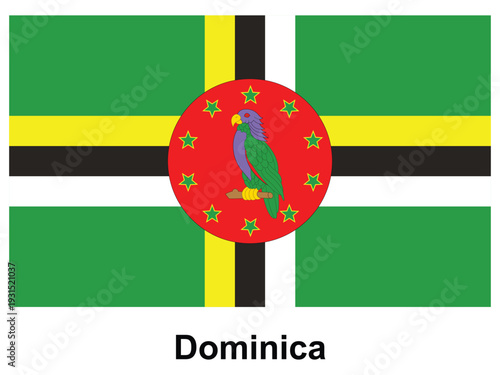 Colorful flag of Dominica featuring parrot and star symbols on a vibrant background
