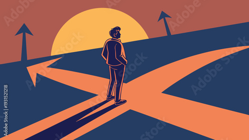 Man at a crossroads standing at a four-way intersection making a career decision in this flat vector illustration representing strategic business planning.