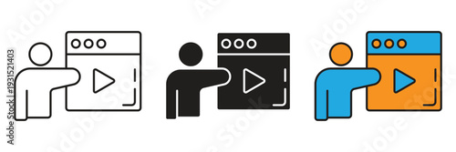 Video Lesson Presentation Icon. Creative conceptual icons showing a person presenting a video player interface, suitable for e-learning tutorials, digital marketing, and video streaming services.