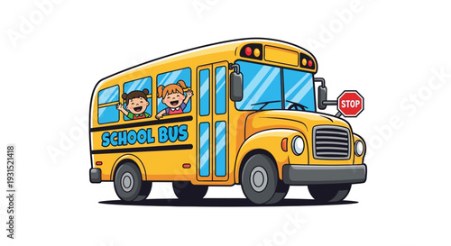 Yellow school bus with children inside driving down the road with a stop sign visible