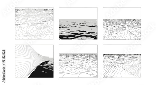 abstract graphic patterns depicting digital landscapes and data visualization in a minimalist conceptual grid layout ideal for tech and design projects