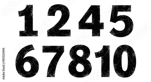 black distressed grunge numbers one to ten displayed on a white background useful for counting educational design or creative projects