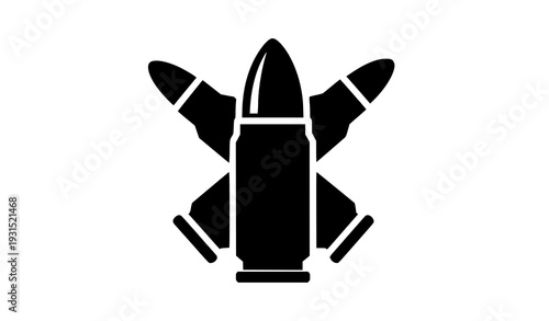 Minimal flat ammo symbol with crossed cartridges and bullet glyph icon isolated on transparent background