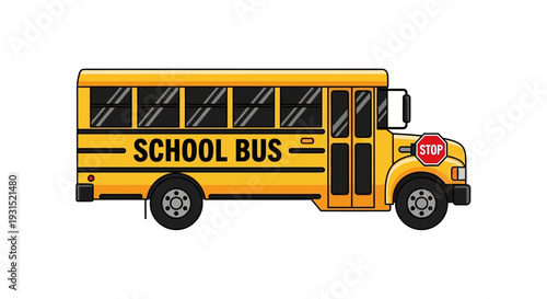 Yellow school bus illustration viewed from the side on a plain white background