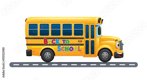Yellow school bus driving down a road with back to school sign, illustration