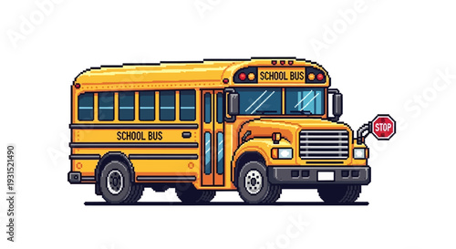 Yellow school bus stopping with sign out on a roadside view