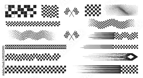 dynamic collection of checkered flag patterns and racing flag designs illustrating speed and victory for sports events or automotive graphics