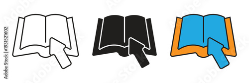 Interactive E-Book Icon. High-quality icons of an open book with a mouse cursor, representing digital libraries, online reading, interactive education, and electronic documentation.