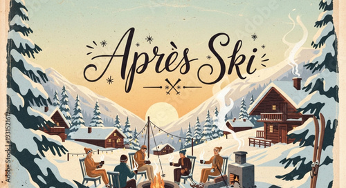 Apr?s Ski scene with people enjoying drinks by a fire.