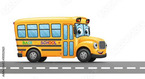 Yellow school bus driving on a road with a smiling face illustration