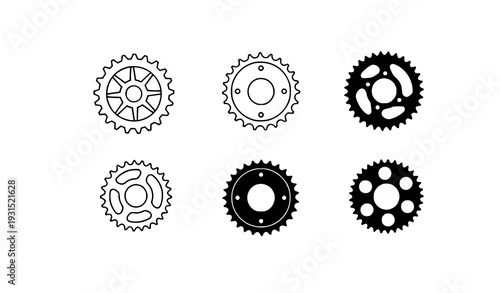 Sprocket wheel and gear icon collection with outline and solid silhouette styles for machinery and bicycle parts isolated on transparent background